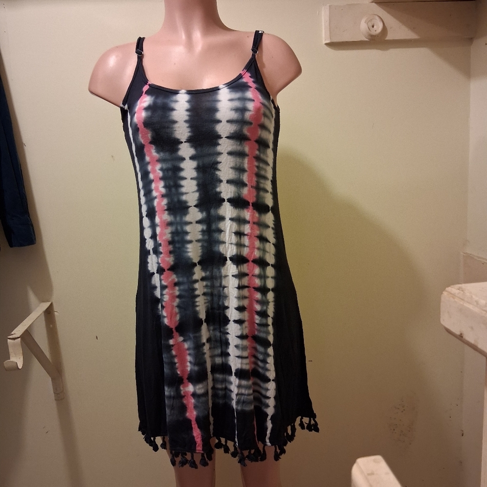 Beach Break Tie Dye Dress Sleeveless Casual Tassel Hem Blue White S